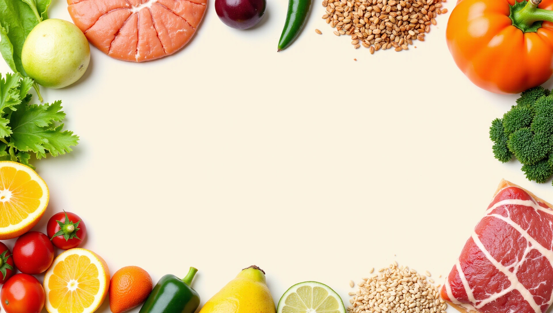 Sfondo dinamico di alimenti freschi e sani che rappresentano la nutrizione e il benessere